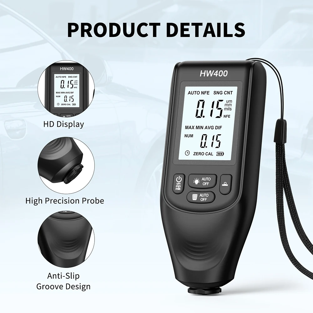 Imagem -03 - Revestimento do Carro Medidor de Espessura com Folhas de Calibração 02000um Medidor de Espessura de Filme Tinta Tester Espessura para fe Nfe Hhw400