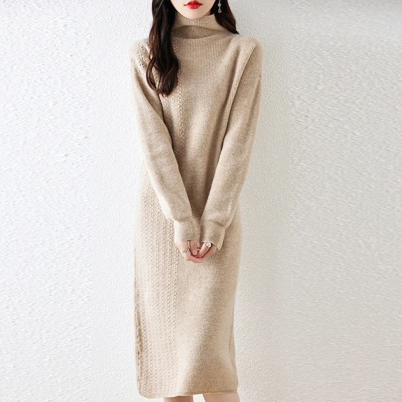 

Autumn Winter New Wool Dress Women's Half High Neck Long Sleeve Pullover 100% Pure Wool Loose Jacquard Style Knitted Wool Dress