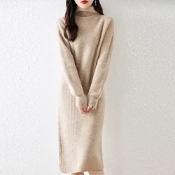 Autumn Winter New Wool Dress Women's Half High Neck Long Sleeve Pullover 100% Pure Wool Loose Jacquard Style Knitted Wool Dress