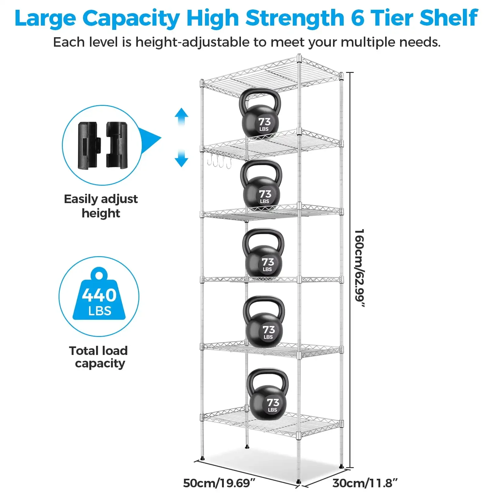 6-Tier Shelf Rack Wire Shelving Unit Storage Height Adjsutable Metal Shelf with 4 Side Hooks