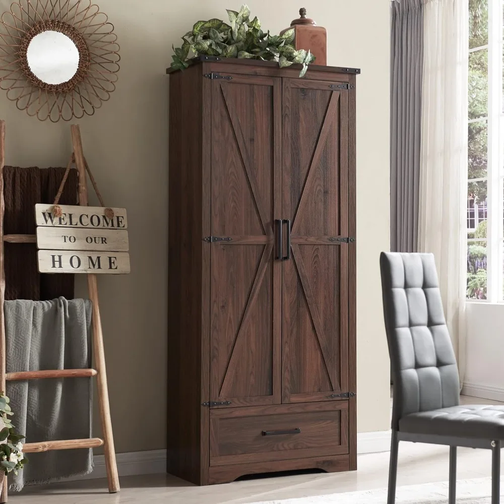 

Farmhouse Kitchen Pantry Cabinet - 72 Tall Wood Kitchen Storage Cabinets with Adjustable Shelves & 2 Barn Doors & Dra