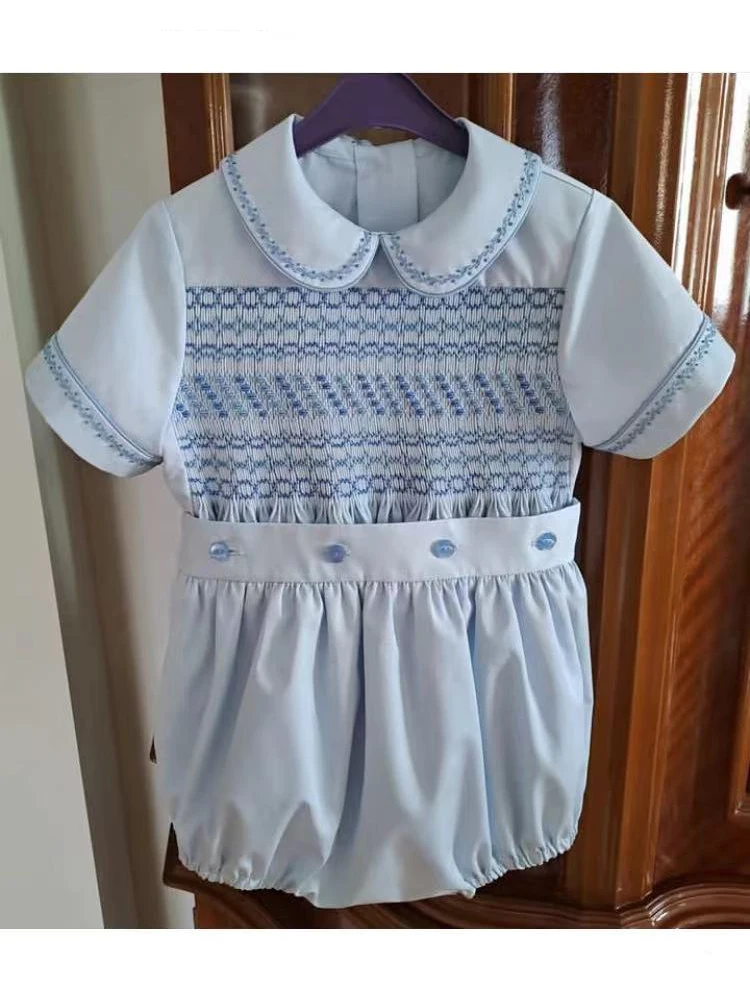 0-3Y Boy Summer Light Blue Smocked White Outfit Suit