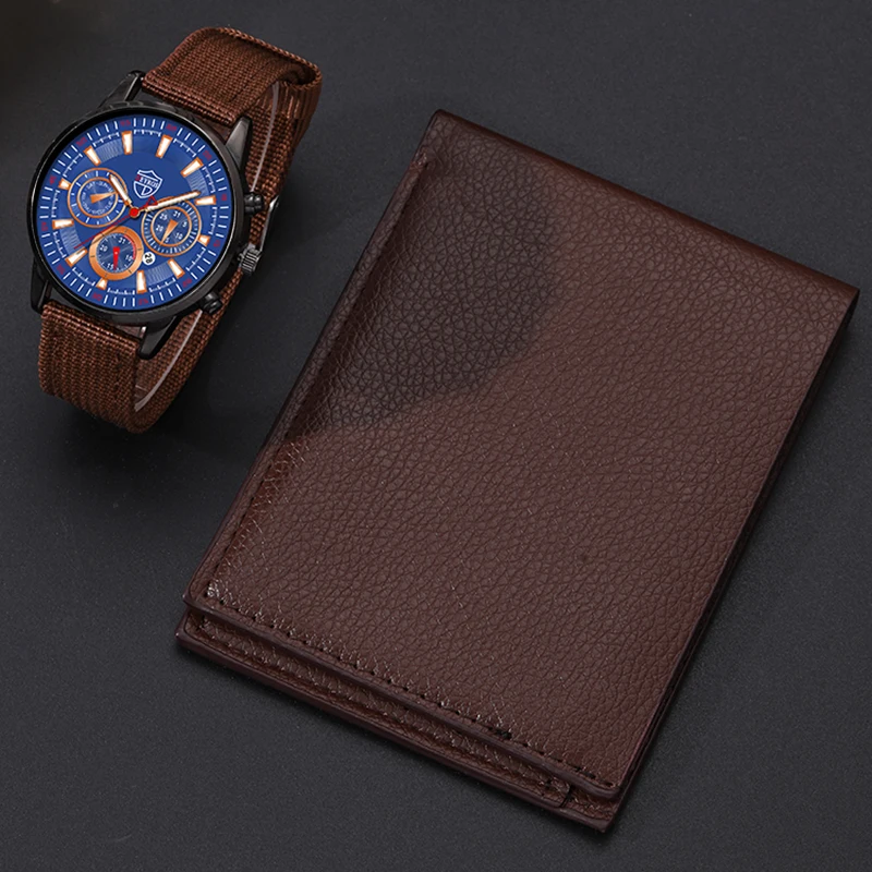 

2PCS Set Fashion Mens Watches Man Business Quartz Wristwatch Luxury Nylon Wristwatch Men Casual Brown Wallet Set