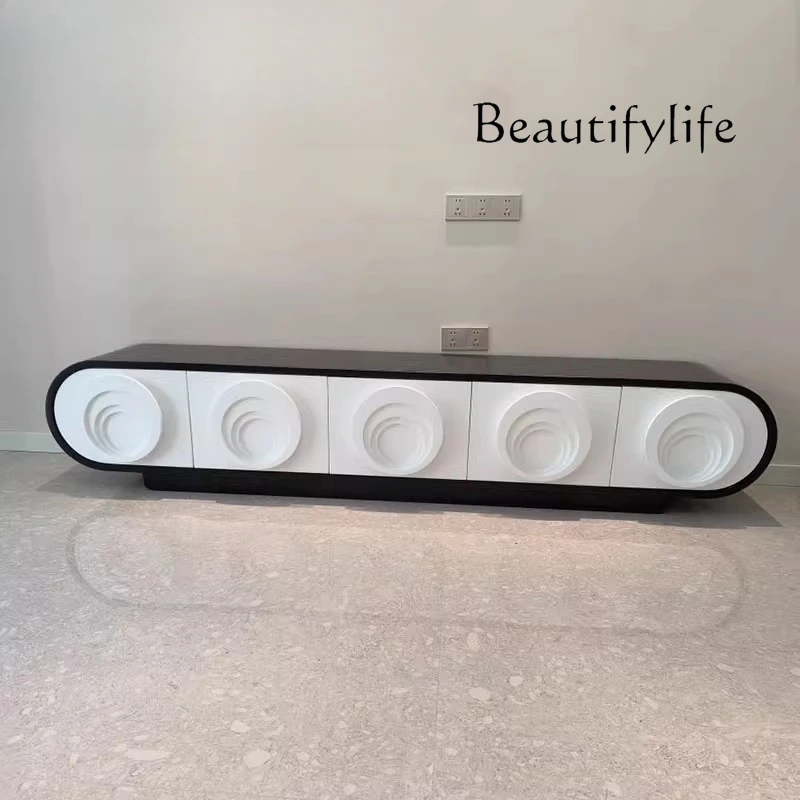 

Modern simple cream wind floor TV cabinet minimalist living room floor cabinet black and white color matching TV cabinet