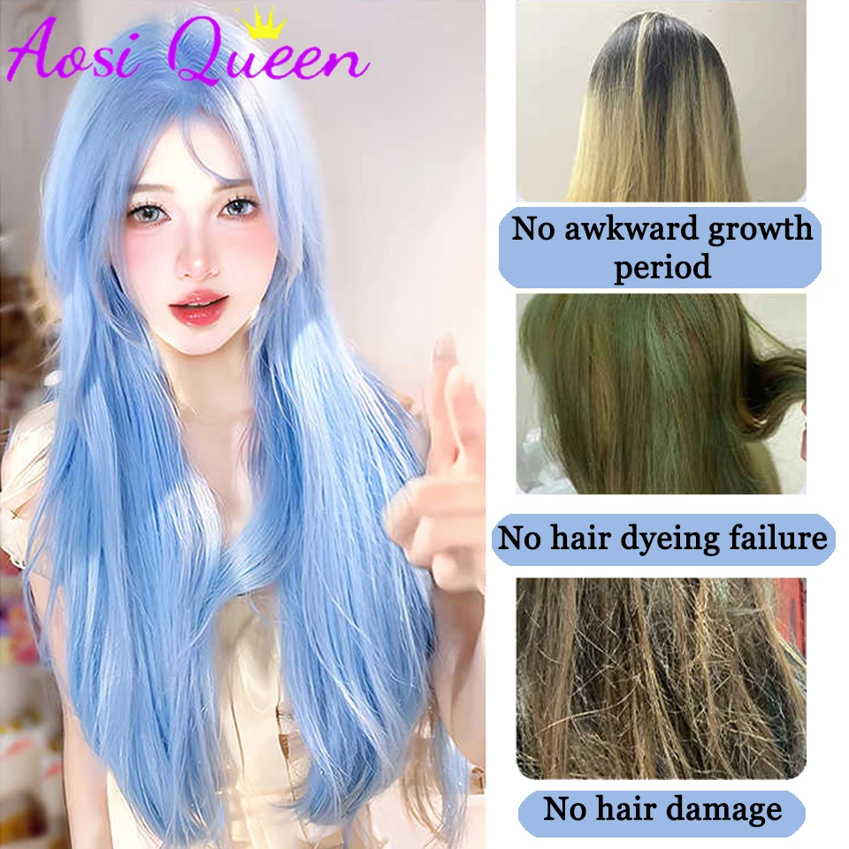 AosiQueen Long Straight Synthetic Wigs Glacier Blue Cosplay Wig with Bangs for Women Natural Hair Heat Resistant Fiber