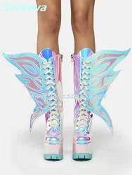 Butterfly Wings Boots Round Toe Platform Chunky High Heels Laser Knee High Boots Autumn Winter Fashion Cool Designer Women Shoes