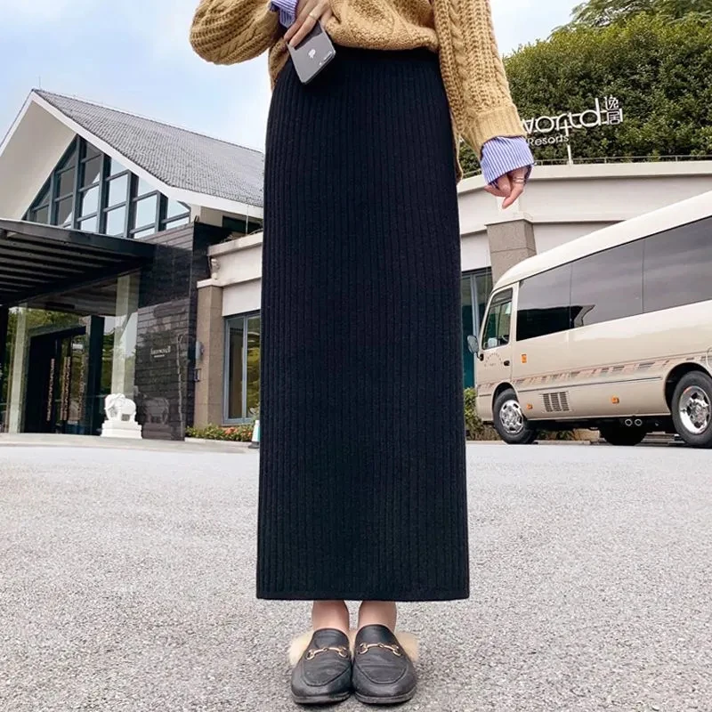 Women Skirt Korean High Waist Ribbed Knit Long Pencil Skirt Black Slim Fit Elegant Casual Office Workwear Autumn Winter Skirt