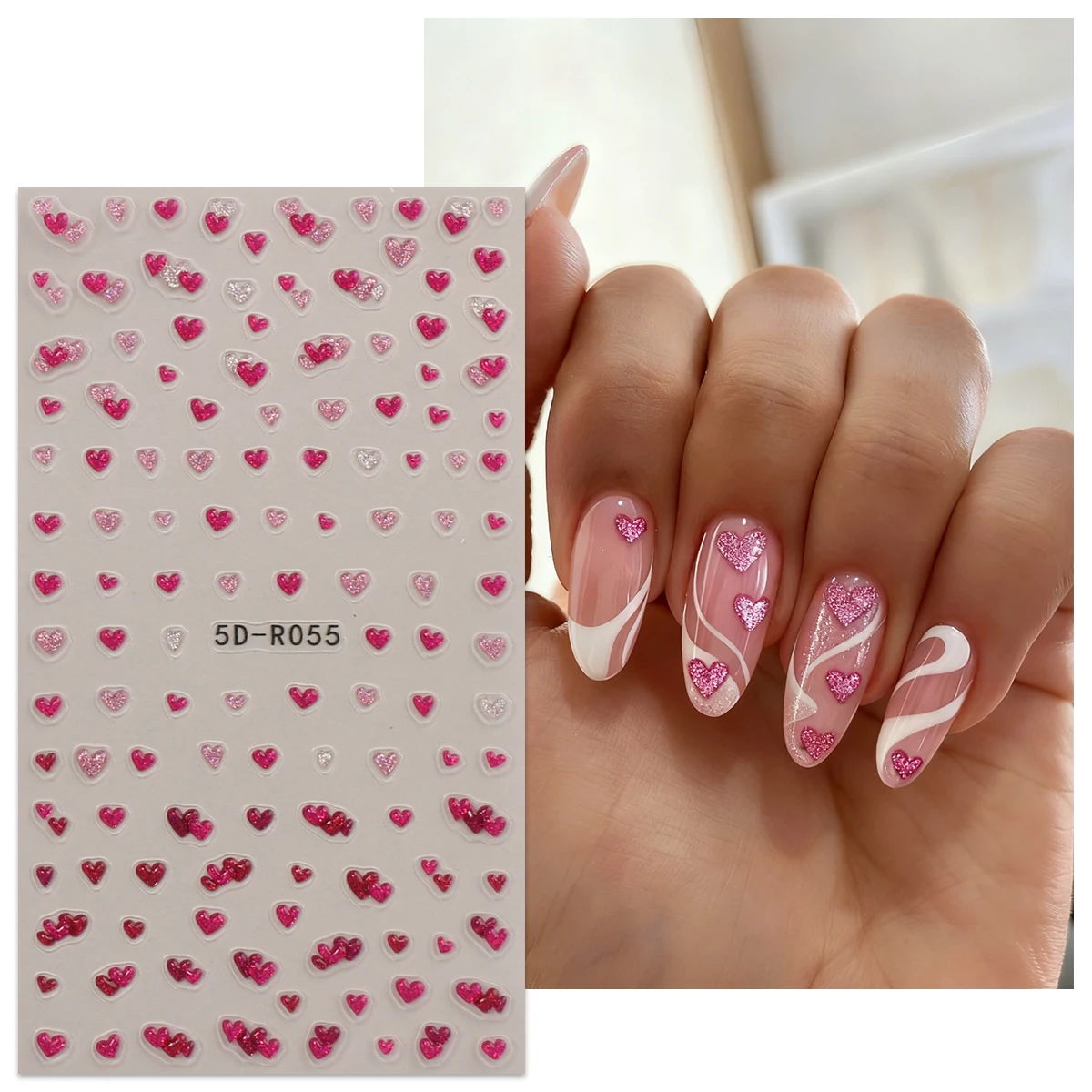2 adesivi per nail art con cuore d'amore glitterato in rilievo per San Valentino, decorazione per unghie facile da applicare, fai da te, regali, festa di nozze