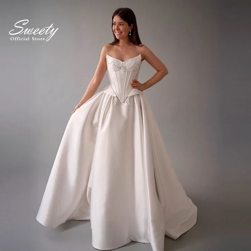 

Charming Wedding Dress Satin Taffeta With Pearls A-Line Floor Ball Gown Princess Strapless Lace Up Customized Vestido De Novia