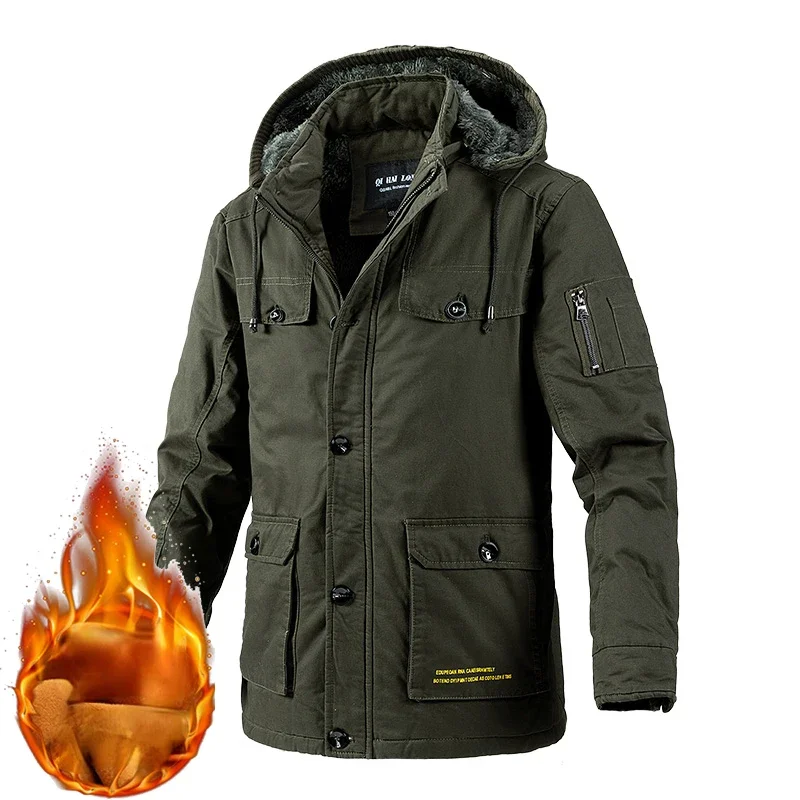 2024 inverno parka homens velo grosso quente com capuz jaqueta militar masculino vintage tático outono moda sólida cáqui campo à prova de vento