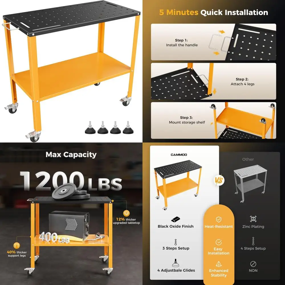 طاولة لحام شديدة التحمل مقاس 36 × 18 مع لمسة نهائية من أكسيد الأسود وعجلات قابلة للقفل وصينية تخزين و4 أدوات