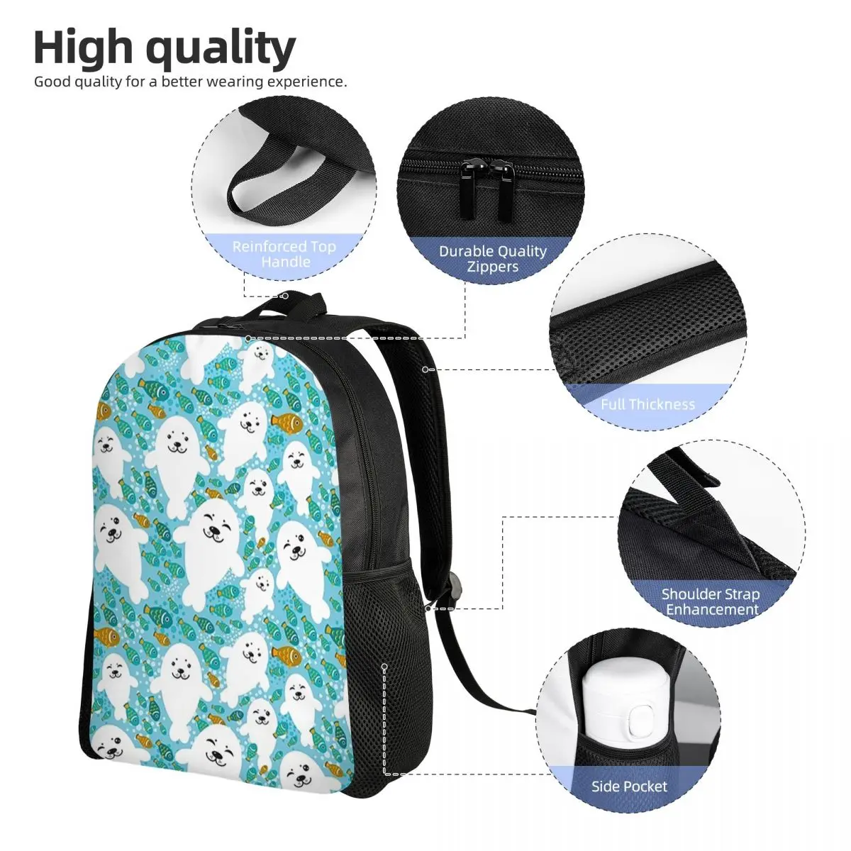 Kawaii لطيف الختم والأسماك في الماء حقيبة ظهر الطالب حقيبة مدرسية المشي لمسافات طويلة السفر Daypack للرجال النساء حقيبة الكتب الموضة حقائب الكتف