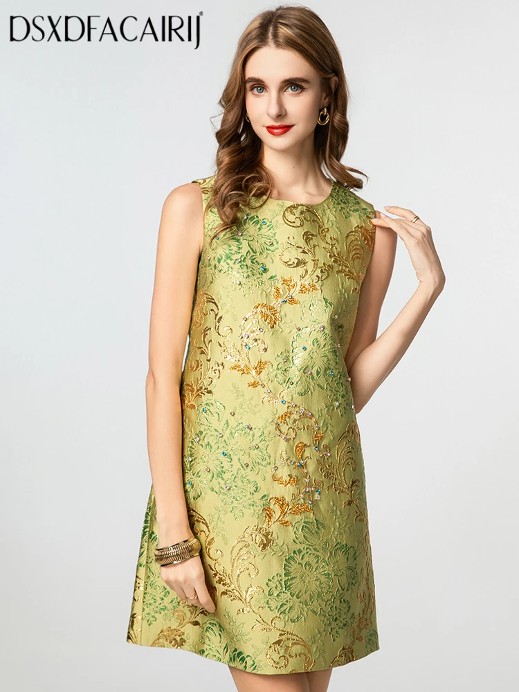 

DSFACAIRIJ Women's O-Neck Sleeveless Beading Jacquard Mini Dress Vintage Vest Summer Fashion for Females