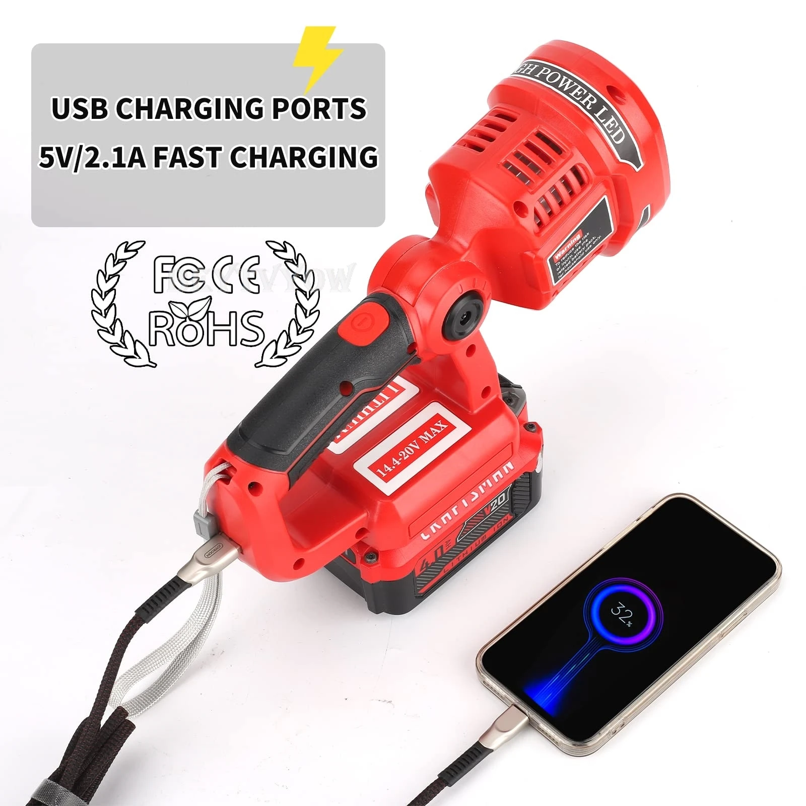 Lumière de travail LED sans fil 1120LM pour batterie artisan V20 12W lampe de poche rechargeable portable alimentée par batterie 20V avec port de charge USB 5V/2.1A 3 modes de lumière 110 ° tête pivotante pour réparation de voitures camping d'urgence