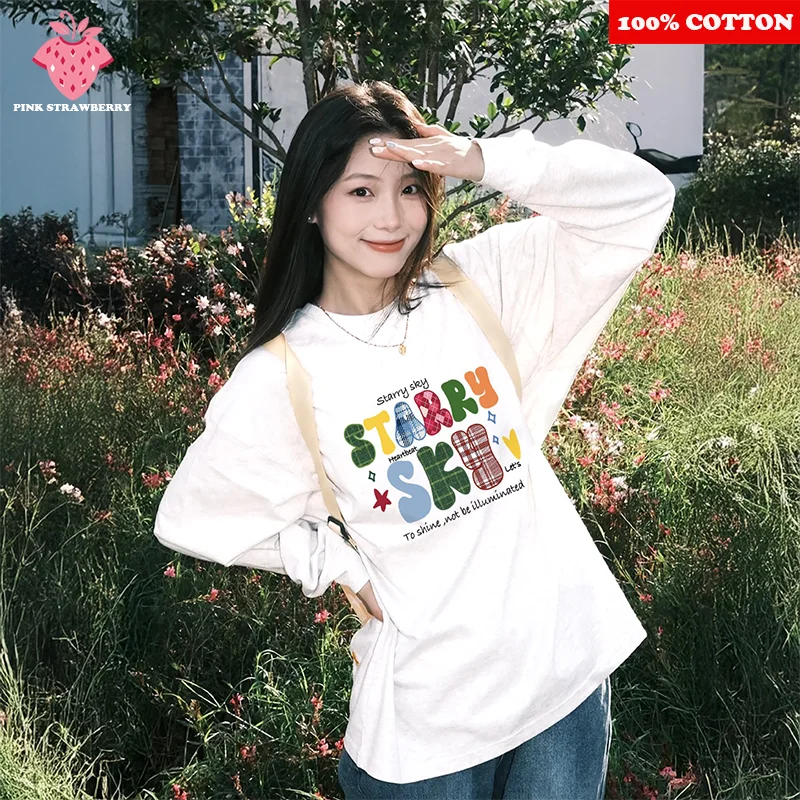 

Korean style Cartoon Letter Print T-shirt Women Autumn 2025 New White Long sleeved T-shirt Loose Casual Y2k Top Female Clothing