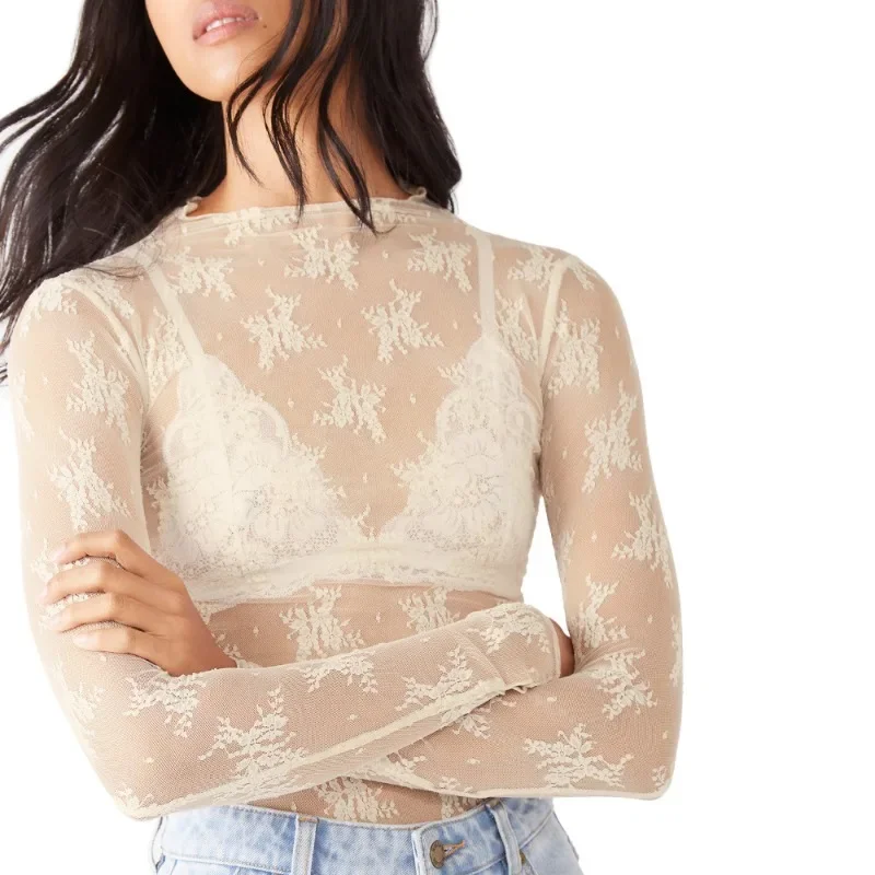 Women's Mesh Transparent Long Sleeved T-shirt Stand Up Collar Lace Shirt Slim Fit Bottom Sexy Spicy Girl Street Outfit YDL08