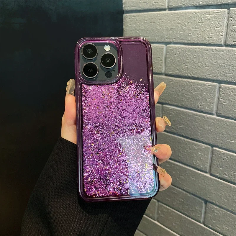 Luxury Purple Silver Glitter Quicksand Case Cover for iPhone 15 Case on Fundas 13 14 Pro Max Carcasas Sequins Moving Sand Coque