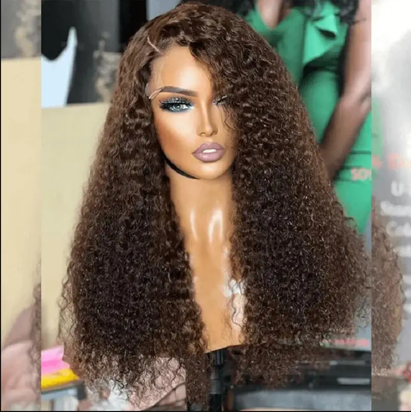 Peluca rizada de encaje Frontal para mujeres negras, pelo de bebé prearrancado, Marrón Natural, 26 ", densidad de 180