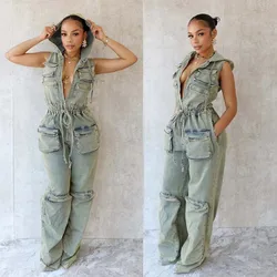 Denim Jean Jumpsuit for Women Summer Clothes Hoodie Tops Pocket Cargo Pant Y2K Streetwear One Piece Denim Cargo Pants Rompers