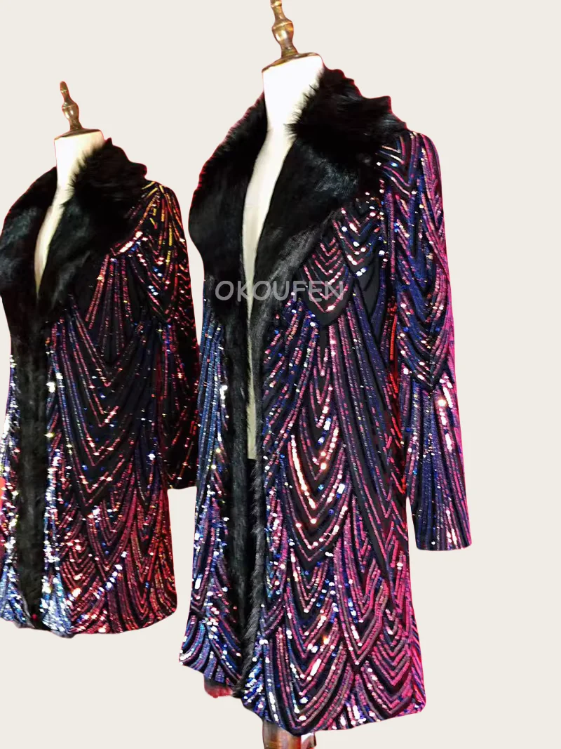 Purple Embroidered Long Suit Jacket Costume Male singer DJ Nightclub Stage Show Performance Coat