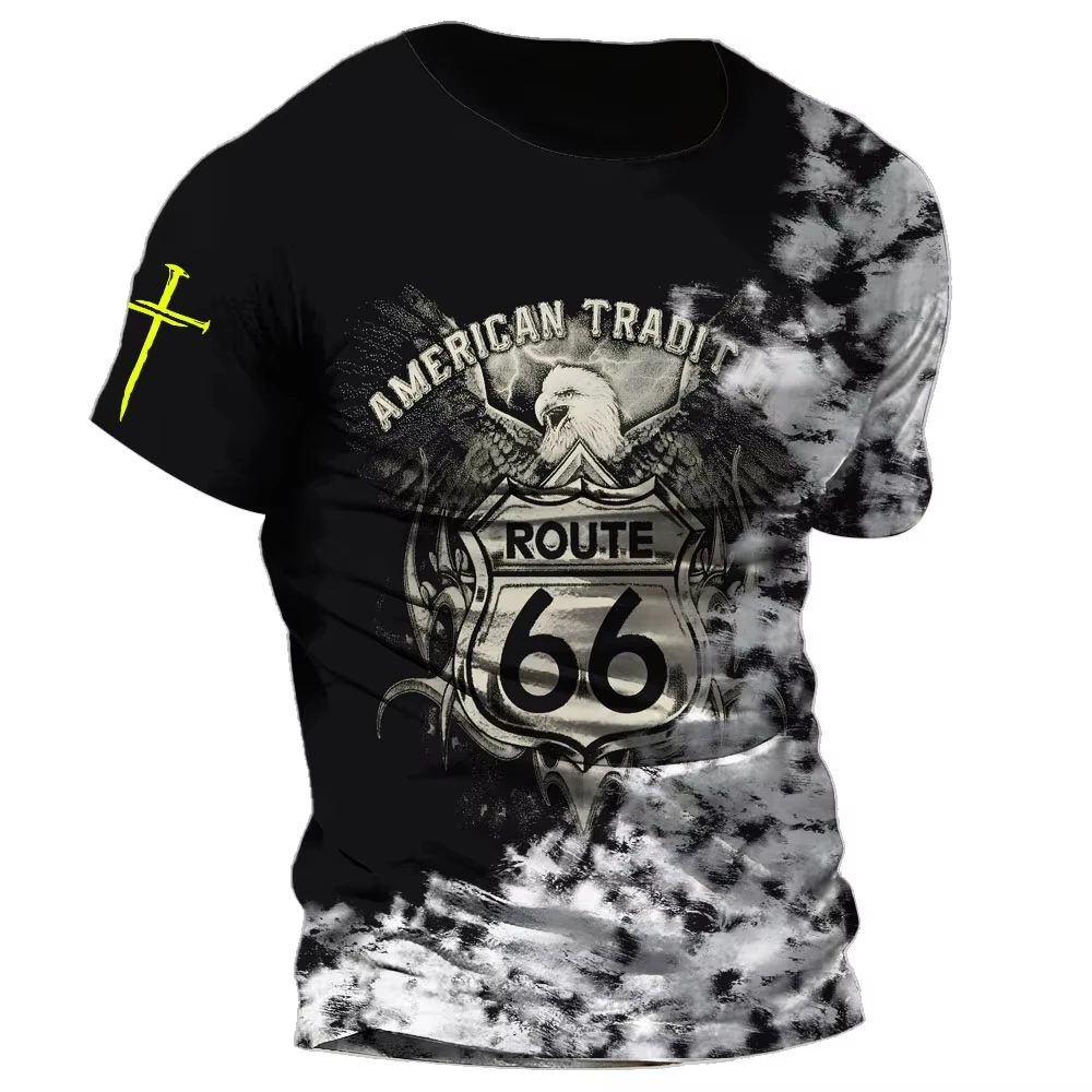 Summer Hot Sell Men's Clothing 3d Printed Men's Route 66 Pattern T-Shirt Man Loose Vintage Casual Oversized Short-Sleeved Top