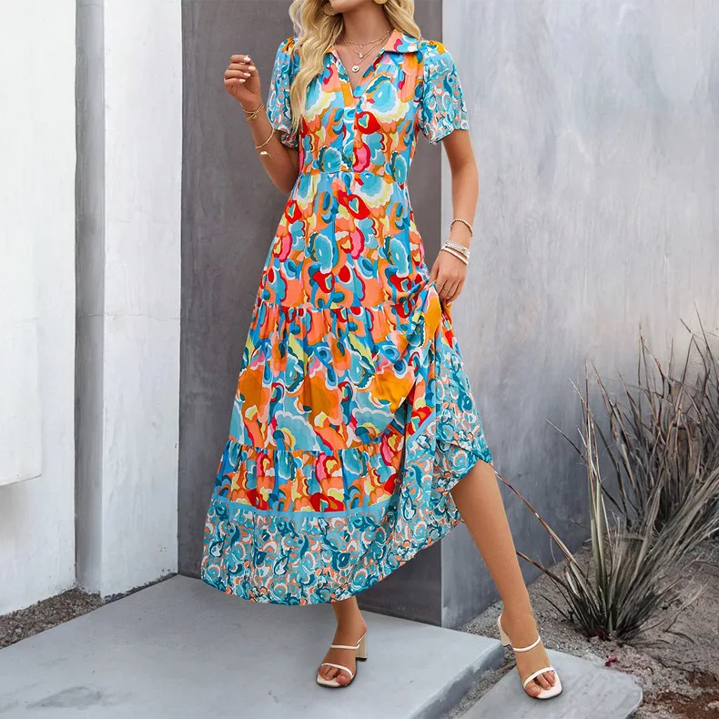 2025 Summer Women's Casual V-neck Dress Fashion Printed Collar Button Shirt Dress Short Sleeve Temperament Long Dress
