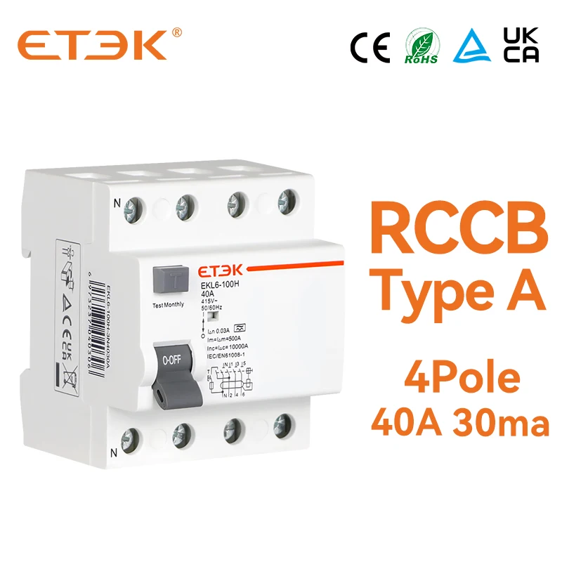 ETEK EKL6 30ma RCD RCCB 2 hýl typ A 10KA 3P+N 4P 40A stejnosměrný 230V electromechanic zbytkové proud obvodový jistič protékání curren