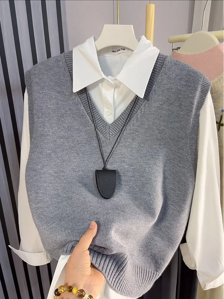 

ay Svel вязаный жилет, свитер, женский простой многослойный длинный комплект све irt, осень-зима, свободный крой, теплый комплект