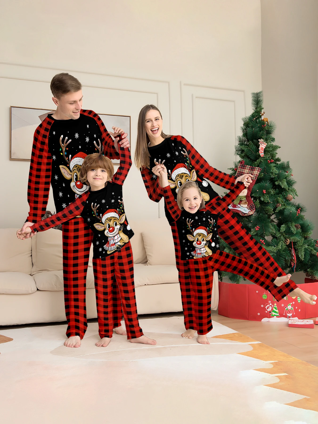 Family Christmas Pajamas Matching Parent-child Sleepwear Black Red Plaid Reindeer Print Xmas Gift Men Women Kids