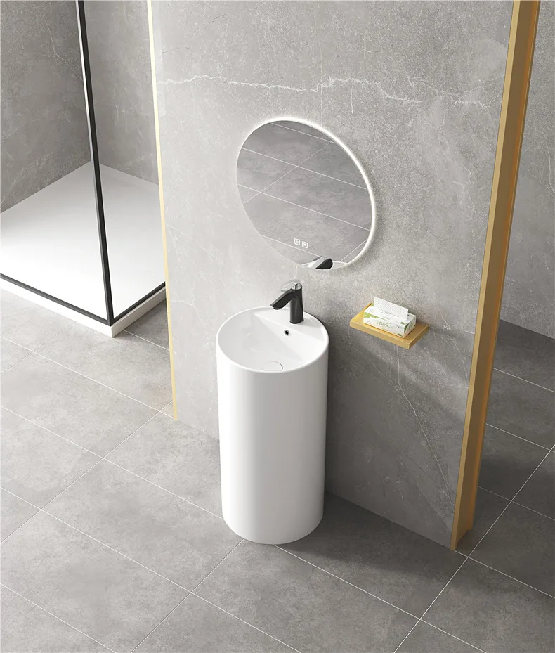 

Light luxury and simple white ceramic column basin with holes, high-end and stylish integrated floor standing washbasin YX485GM