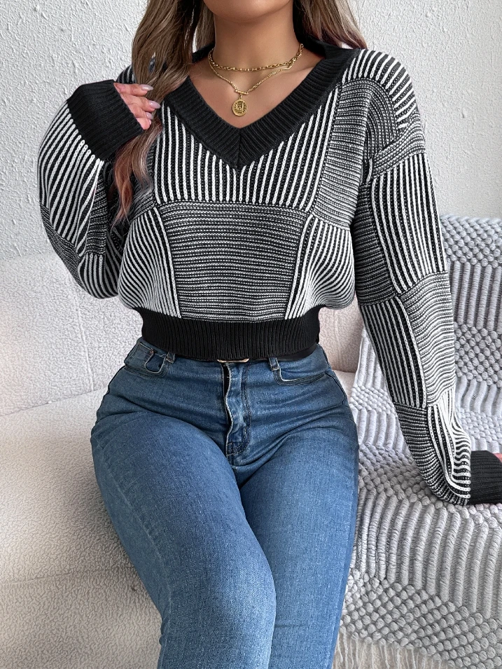 

women's winter sweaters Striped Lantern Sleeve Exposed Navel Sweater Street Trendy Winter Fashion Womens Simple Knitted Pullover