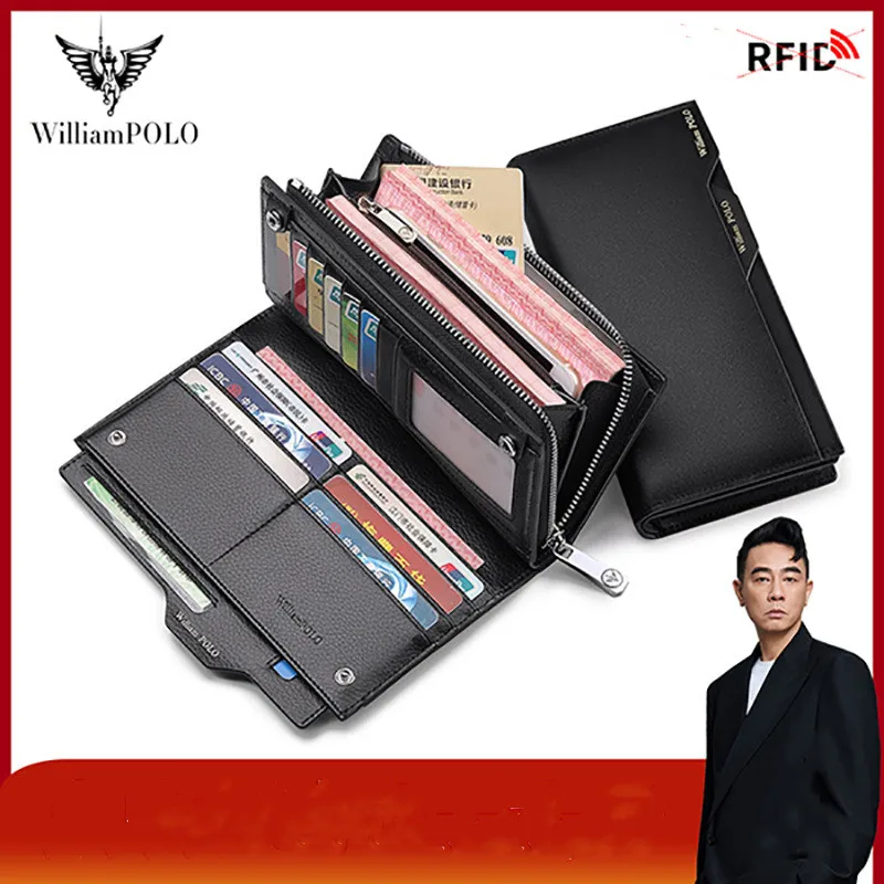 WILLIAMPOLO Men Wallets Brand Card Holder Male Purse genuine Leather Zippers Wallet Men Long Business Clutch carteira masculina