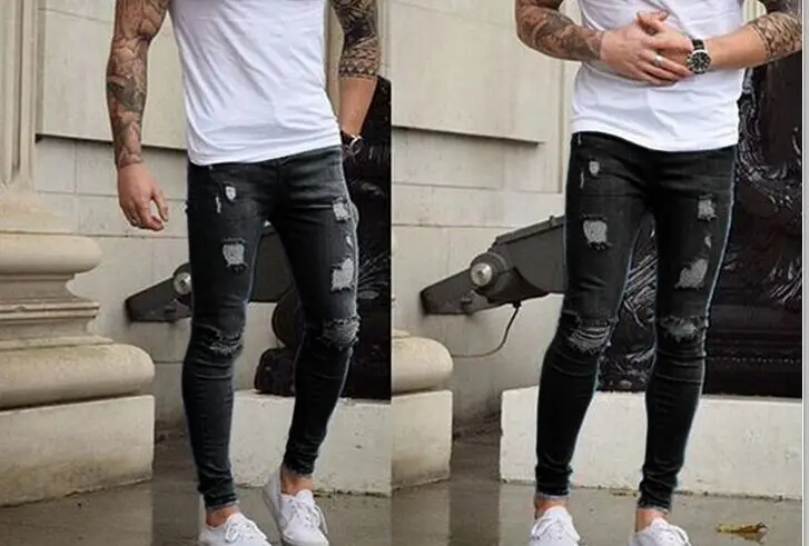 Sheath Distressed Pencil Pants Denim Men Jeans Pockets Casual Ripped Mid Waist Wash Slim Fit Solid Vintage Ankle Length 2024