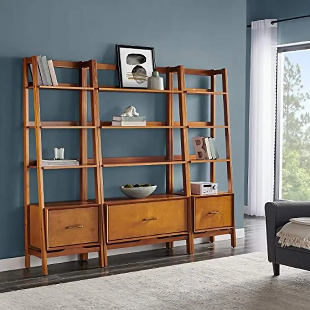 Mid-Century Modern 3-Piece Bookshelf Etagere Set with File Drawers Genuine Metal Hardware Sturdy Structure Expandable Storage image 2