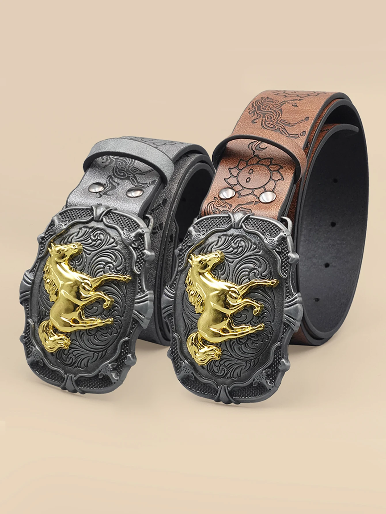 Cinturón casual vintage estilo vaquero occidental: hebilla tallada de caballo y estampado bohemio, perfecto para viajes diarios y citas