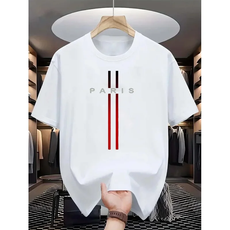 Men's 100% Pure Cotton Summer Casual Loose Fashion Paris Letter Printed Comfortable Round Neck Short Sleeved T-shirt Top