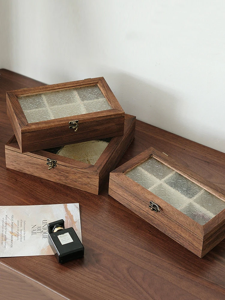 

Retro Sle Dustproof Glass Flip Cover Wooden Box Jewelry Storage Organizer Vintage Looking Desktop Decoration Handmade Crt