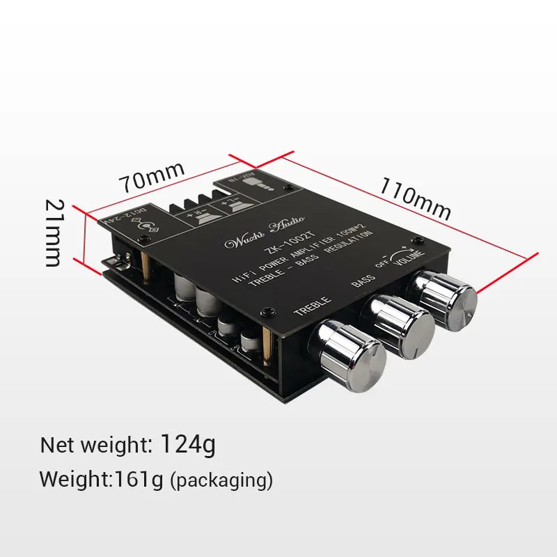 Imagem -02 - Amplificador Compatível com Bluetooth Hifi 2.0 Canal 100wx2 Kit Módulo de Áudio Subwoofer Ajuste Amplificador Board Canal Zk1002t