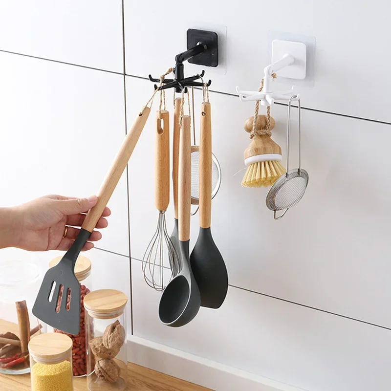 360 Degrees Rotated Kitchen Hooks Self Adhesive 6 Hooks Home Wall Door Hook Handbag Clothes Ties Bag Hanger Hanging Rack Kitchen