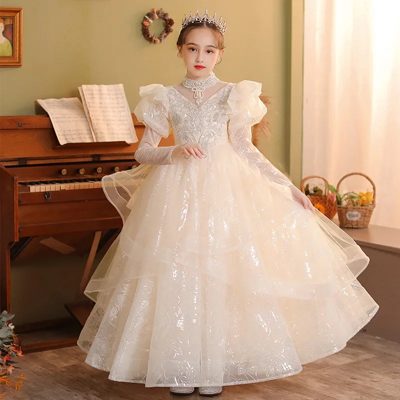 أداء البيانو الفتيات فساتين أنيقة عرض أزياء الأطفال الراقية ازياء حفل زفاف زهرة الاطفال فستان رسمي فاخر #3