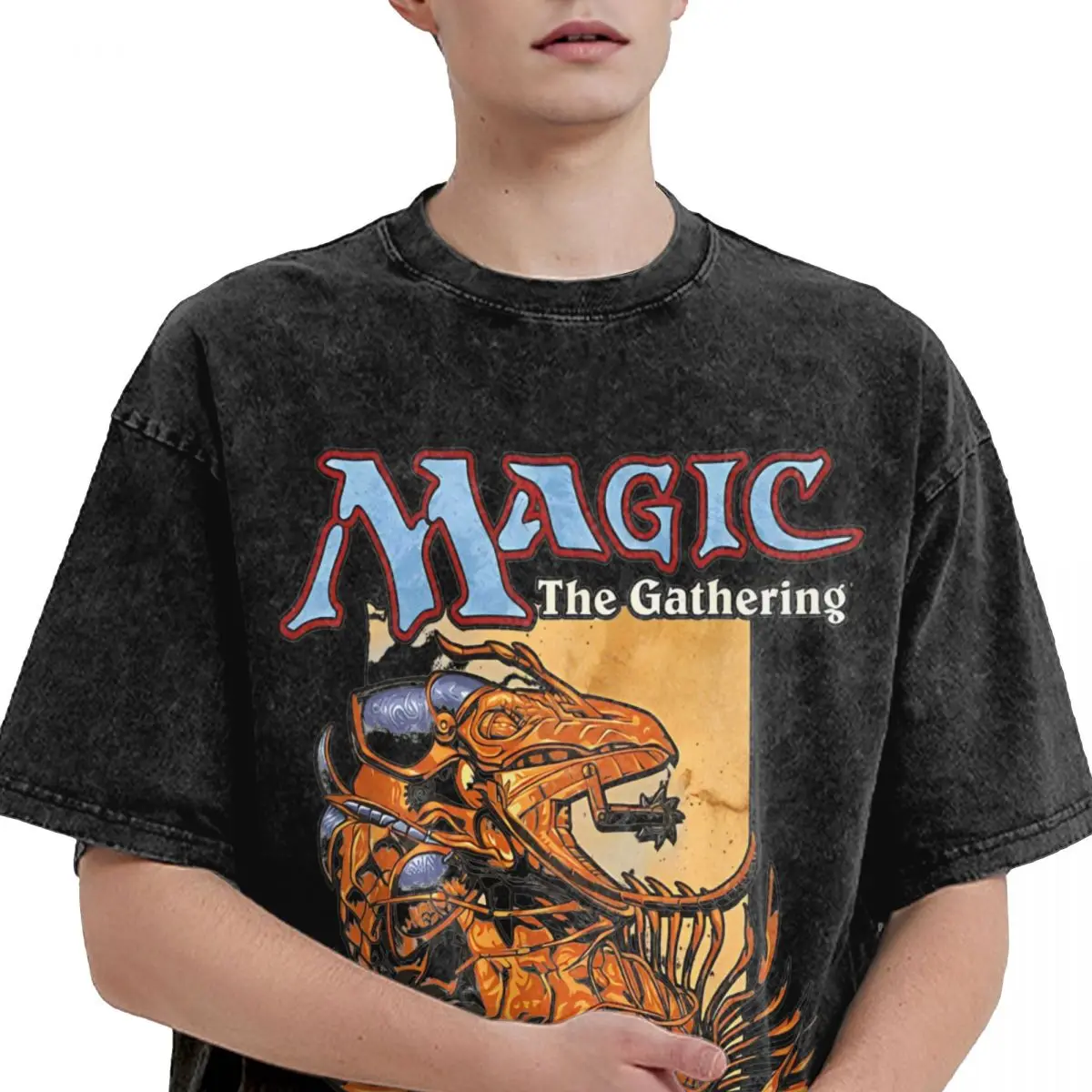 男性と女性のための色あせた半袖サマートップ,mtgヒップホップスタイルのTシャツ,特大のカード,ストリートウェア,魔法のゲーム,収集品