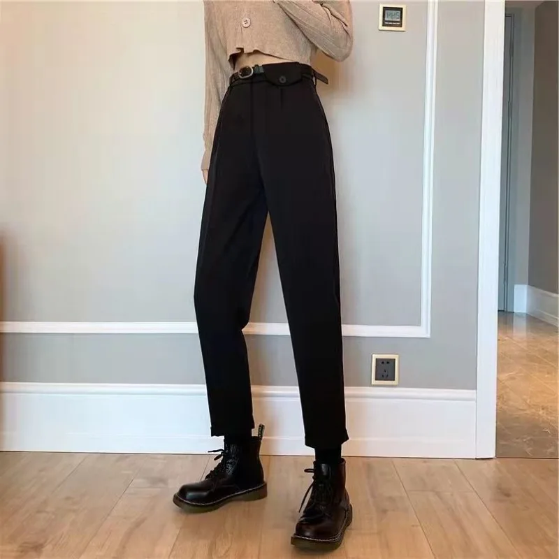 Pantalon Harlan taille haute pour femme, ceinture pour document solide, mince, mode décontractée, dame de bureau formelle, fjg coréen, printemps et automne