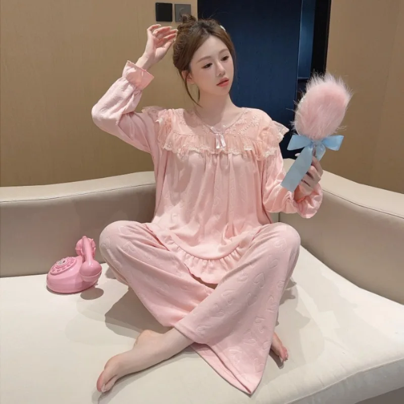 

M-5XL Plus Size German Velvet Pajamas Women Lace Princess Style Loungewear Solid Loose Home Clothes Korean Winter Warm Sleepwear