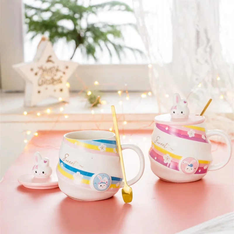 Korean cute cartoon rabbit ceramic mug creative rainbow rabbit breakfast milk cup office coffee cup