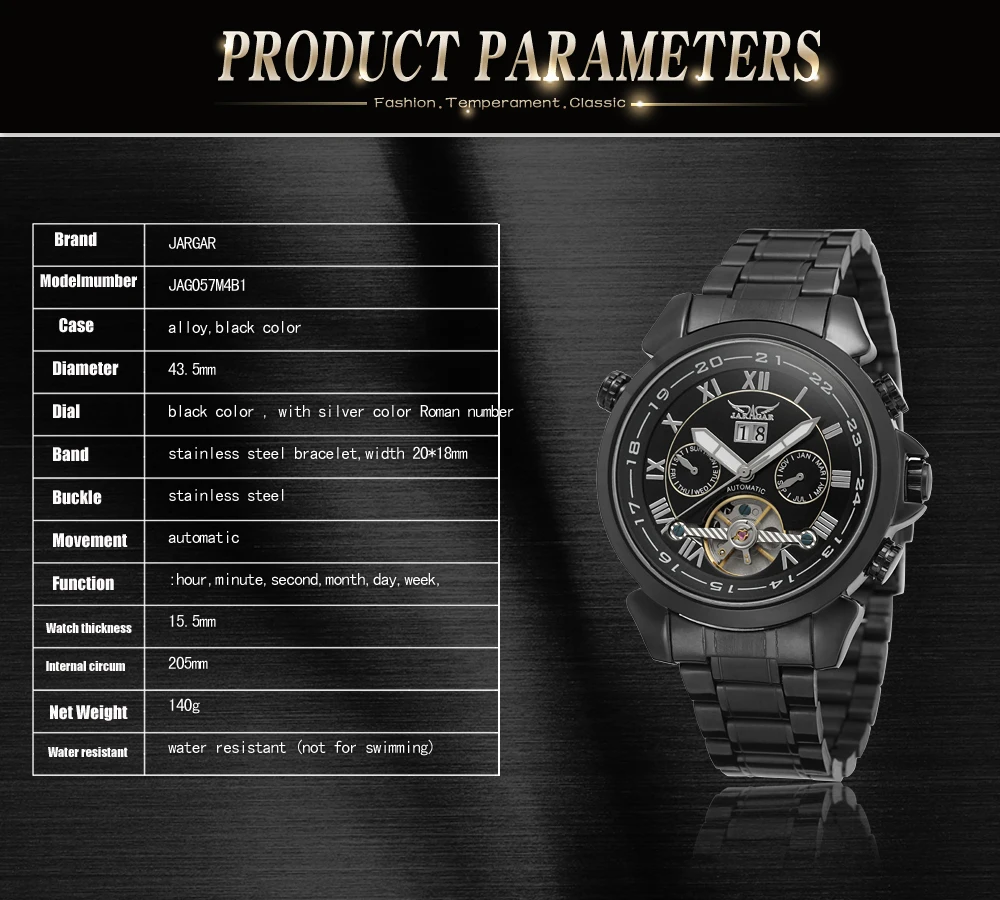 JARAGAR Original Luxury Tourbillon Automatic watch men Stainless Steel Elegant Mechanical Luminous Waterproof Male Wrist Watches