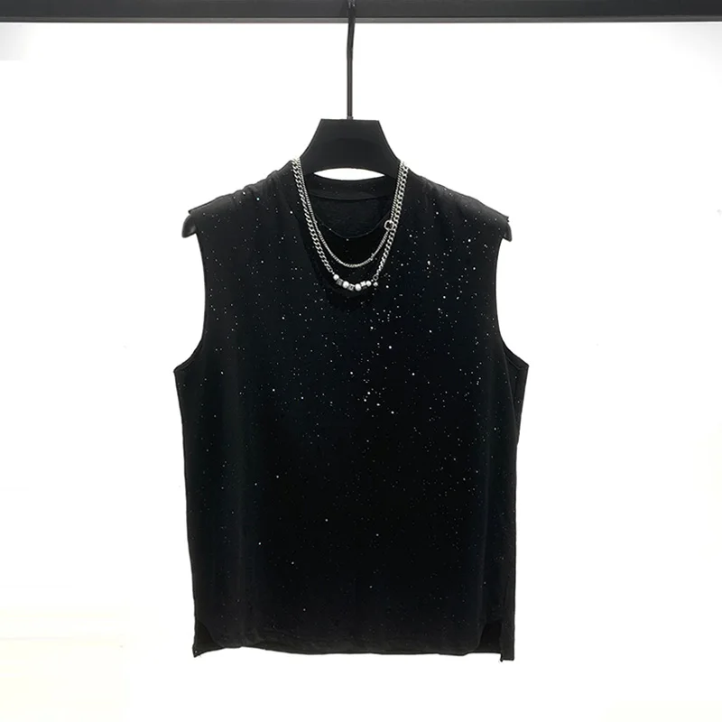 Summer New Ins Heavy Sequin Round Neck Vest Handsome Men's Fashion Trend Korean Version Sleeveless Casual Loose T-Shirt