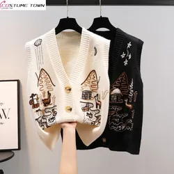 2023 Spring and Autumn Korean Edition Reduced Age V-Neck Knitted Sweater Tank Top New Loose and Thickened Women's Coat