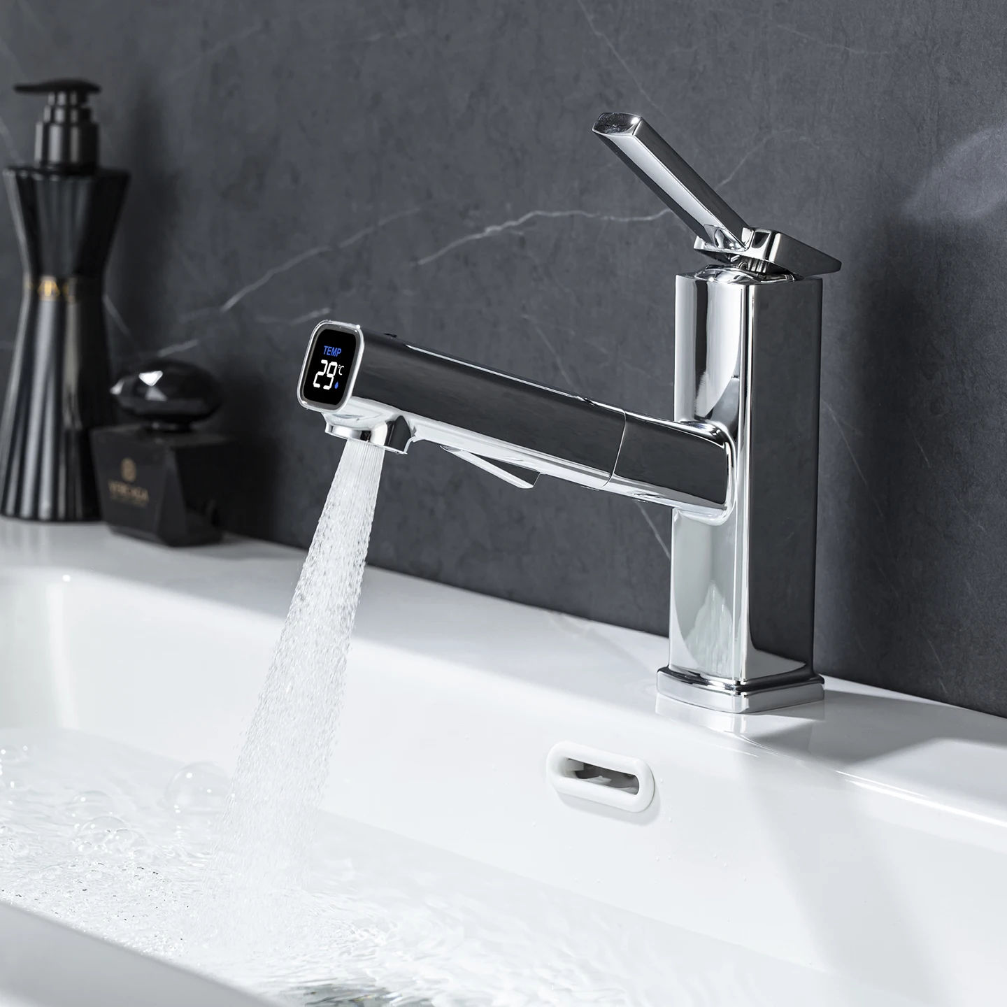 

Basin Pull Out Sink Faucet Deck Mounted 3 Function Lavatory Sink Faucet Single Handle Bathroom Hot and Cold Mixer Taps Chrome