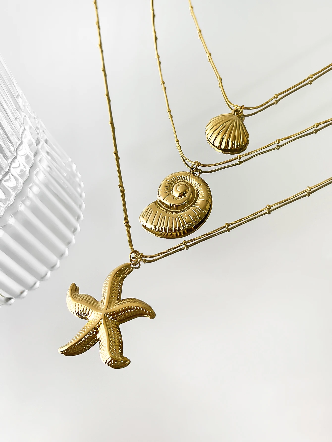 Peri\'sbox Minimalist Starfish Stripe Conch Scallop Shaped Pendant Necklace for Women Waterproof Trend Jewelry Summer Beach Party
