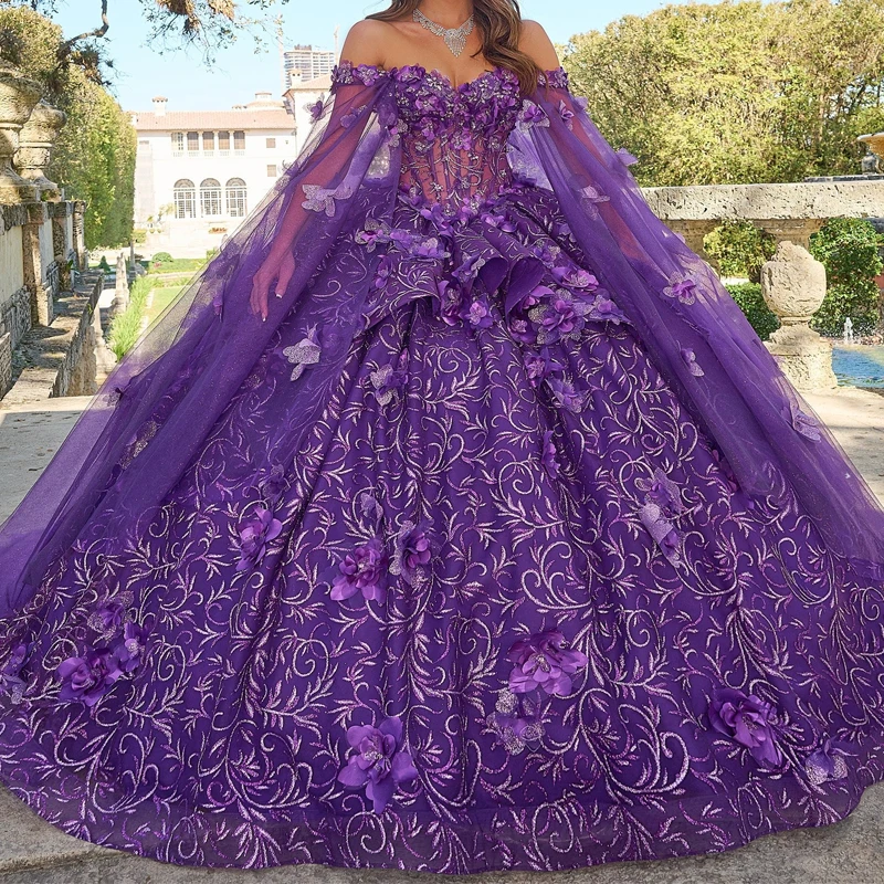

Purple Shiny Quinceanera Dresses Ball Gown Off The Shoulder Sequin Applique Flower Beads With Cape Tull Party Birthday Sweet 16